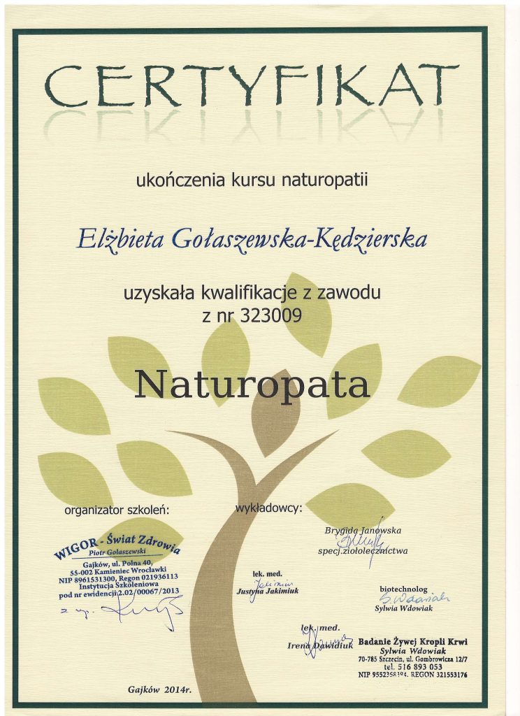 Holistic Medical Academy - certyfikat naturopata